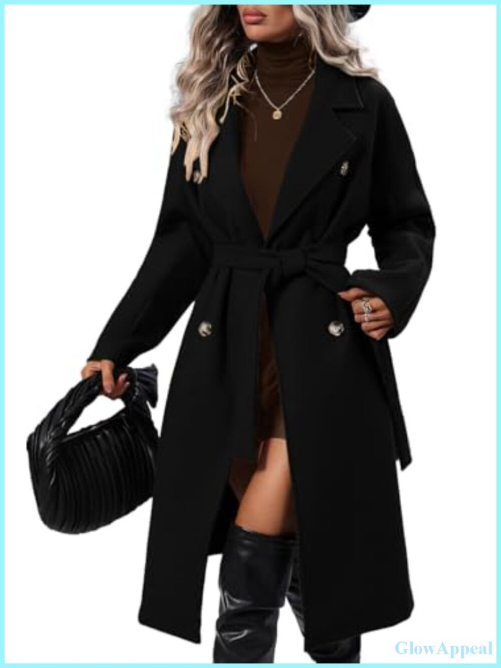 Wool Blend Double Breasted Pea Coat with Belt, Notch Lapel Winter Overcoat